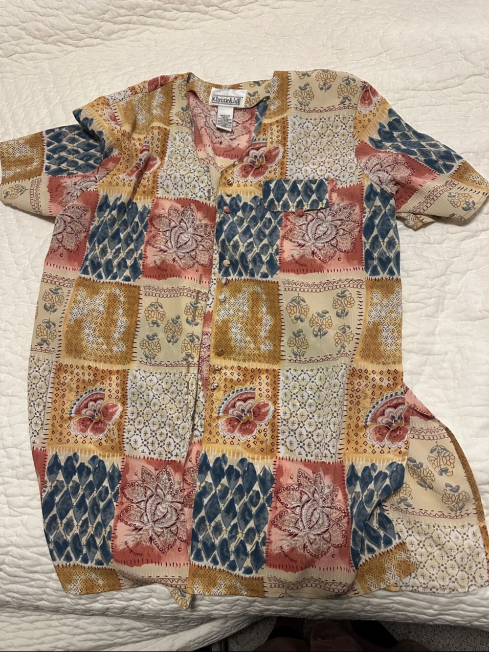 Patchwork Floral Button-Front Blouse in Multicolor
